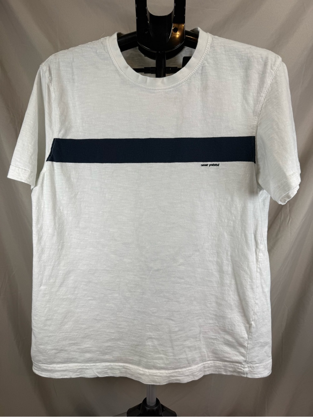 Zara Men’s Graphic T-Shirt - White with Black/Navy Stripe - “Never Pretend”